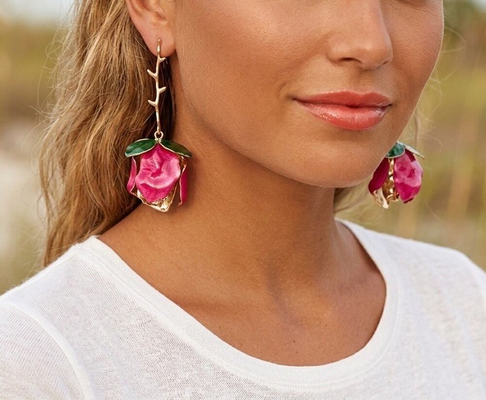 Zara Flower Earrings 3D Pink Bud Rose Gold Enamel Boho Stud Floral Retro VTG